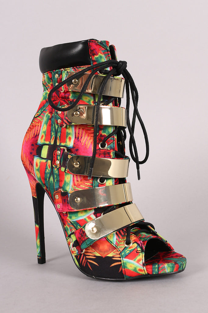 Tropical Print Strappy Metallic Shield Combat Stiletto Booties