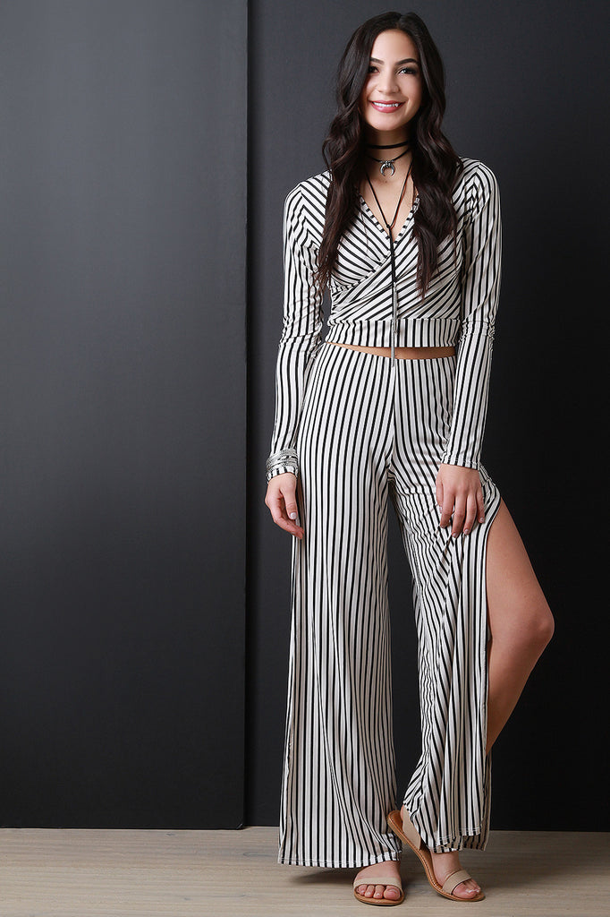 Surplice Striped Long Sleeve Crop Top