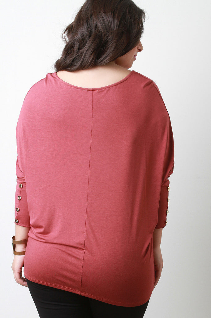 Round Neck Button Accent Dolman Sleeves Top