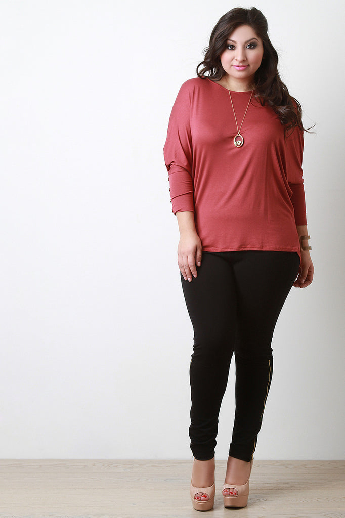 Round Neck Button Accent Dolman Sleeves Top