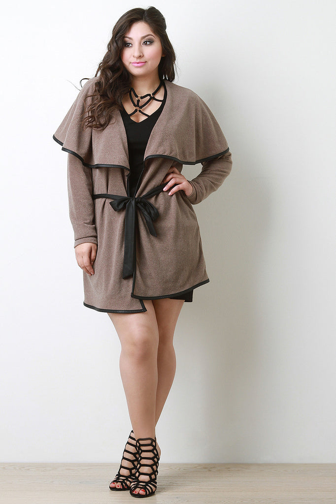 Leather Trim Belted Capelet Cardigan