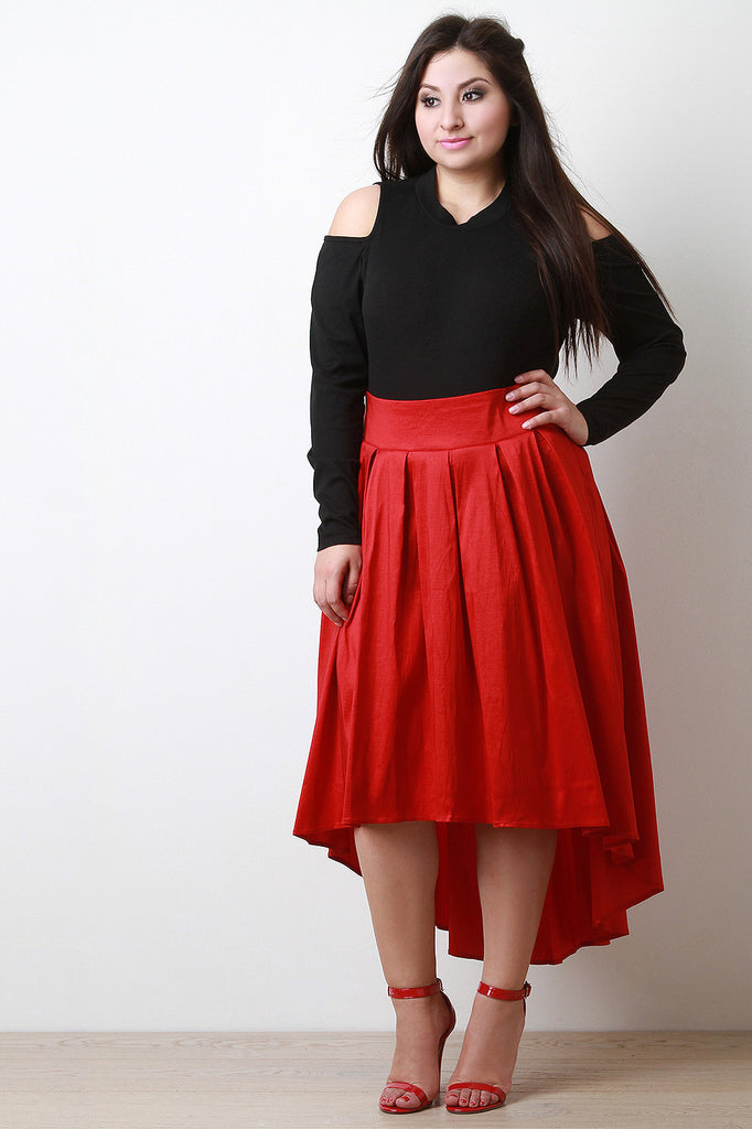 High-Low Pleated Taffeta Midi Skirt