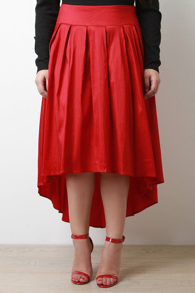 High-Low Pleated Taffeta Midi Skirt