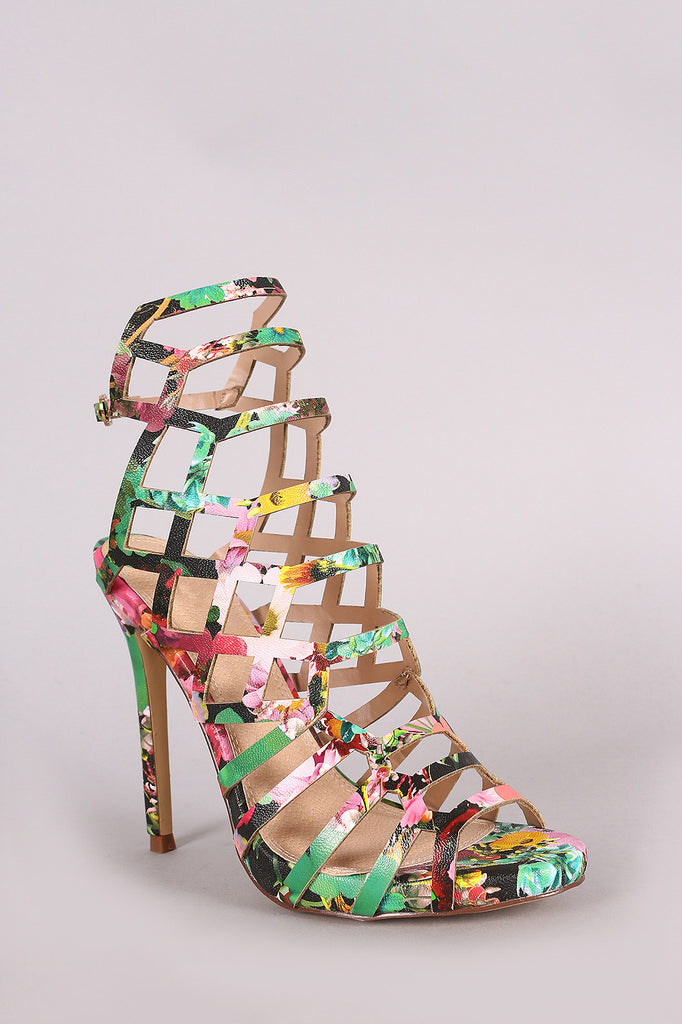 Liliana Floral Print Laser Cutout Peep Toe Stiletto Heel