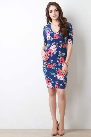 Floral V-Neck Bodycon Midi Dress