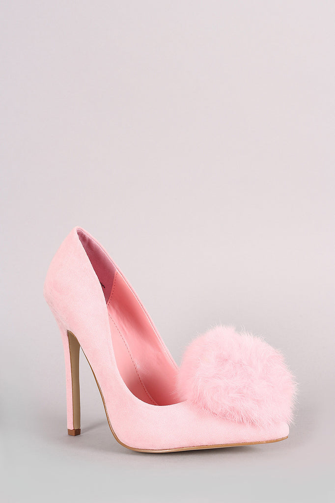 Faux Fur Pom Pom Suede Pointy Toe Stiletto Pump