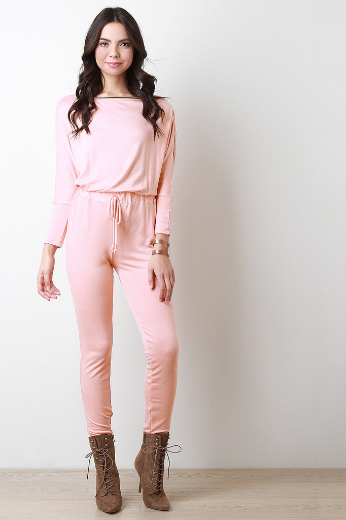 Zip Accent Long Sleeve Knit Jumpsuit