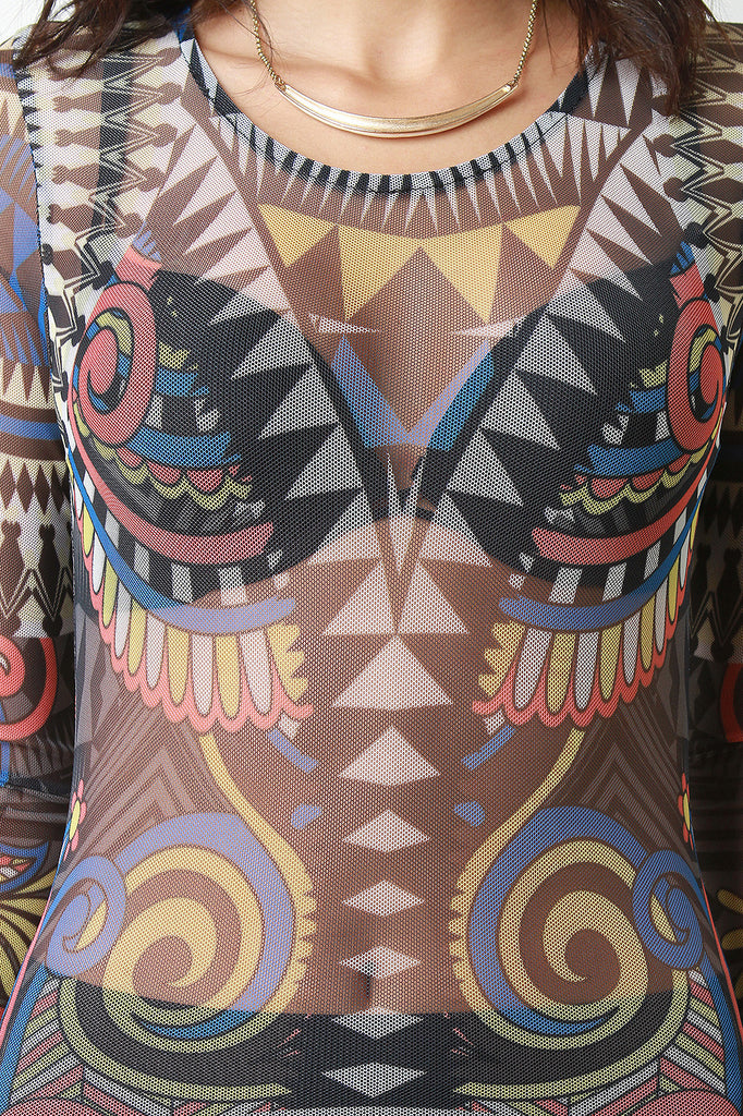 Graphic Tribal Print Mesh Jumpsuit