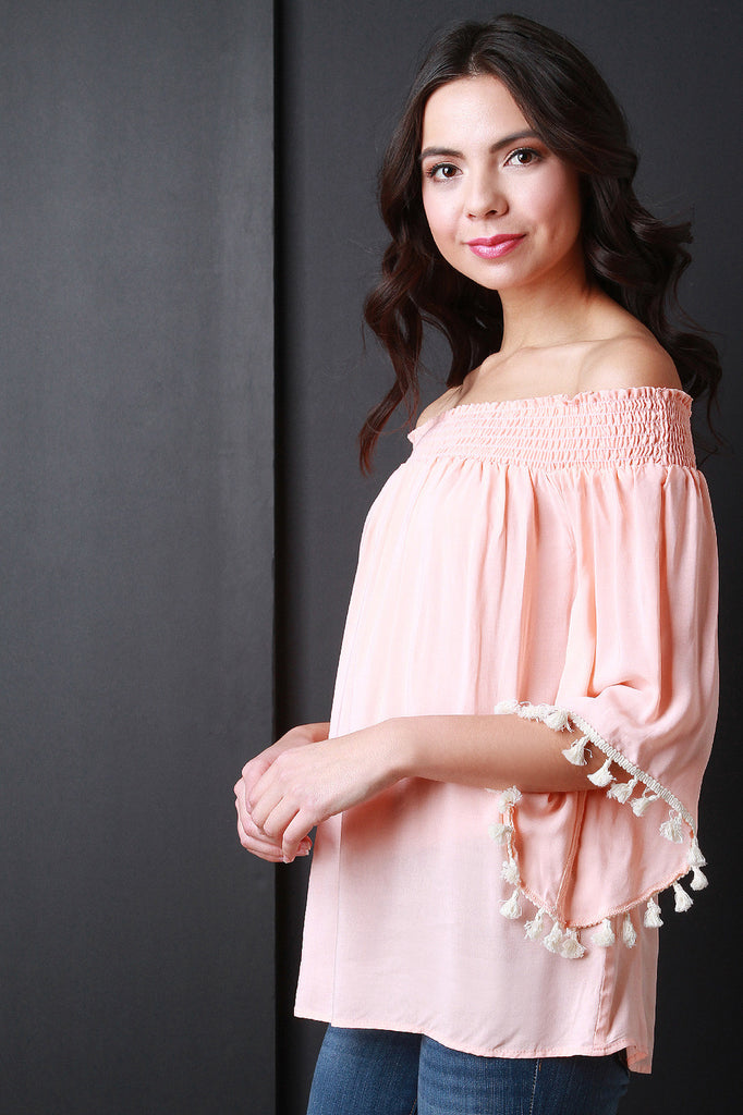 Tassel Angel Sleeves Off Shoulder Peasant Top