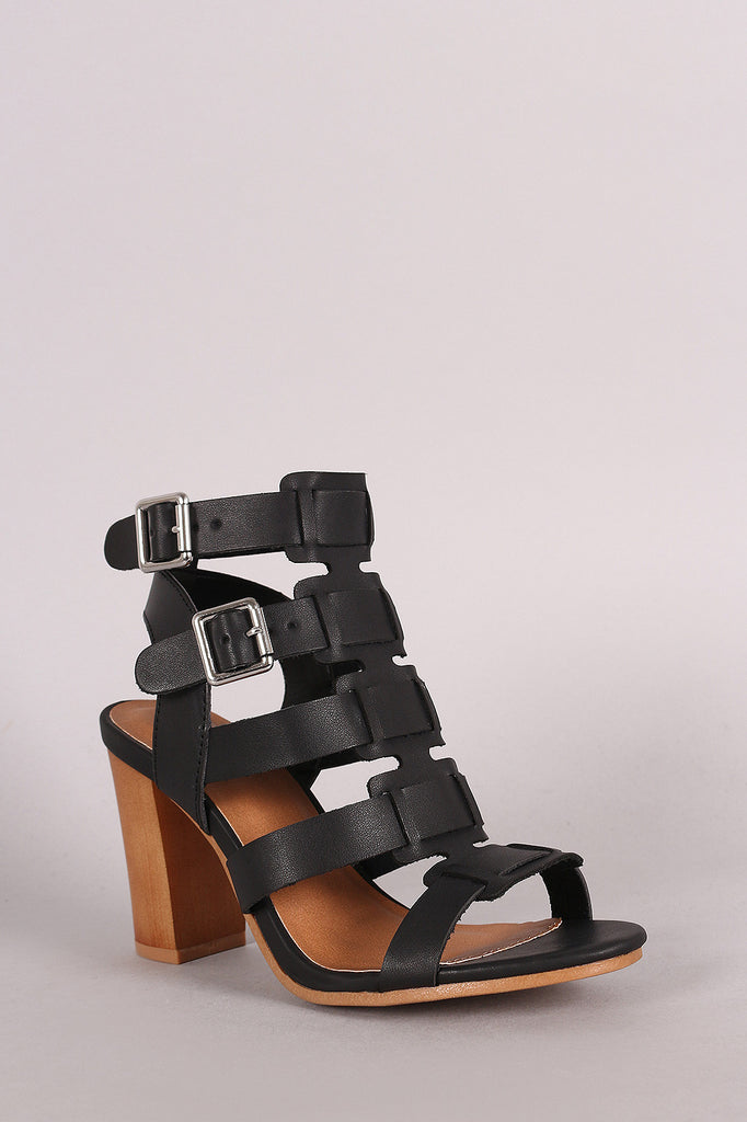 Qupid Buckled Strappy Faux Wooden Gladiator Heel