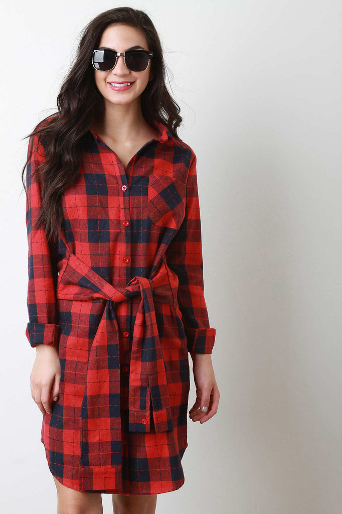 Plaid Tied Waist Shirt Dress