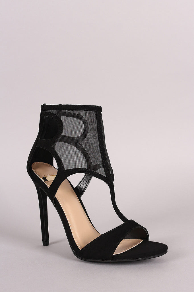 Suede Cutout Mesh Cuff Open Toe Stiletto Heel