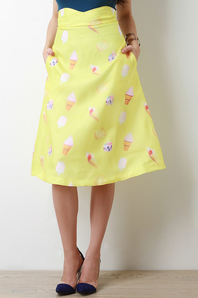 Ice Cream Treat Print A-Line Midi Skirt