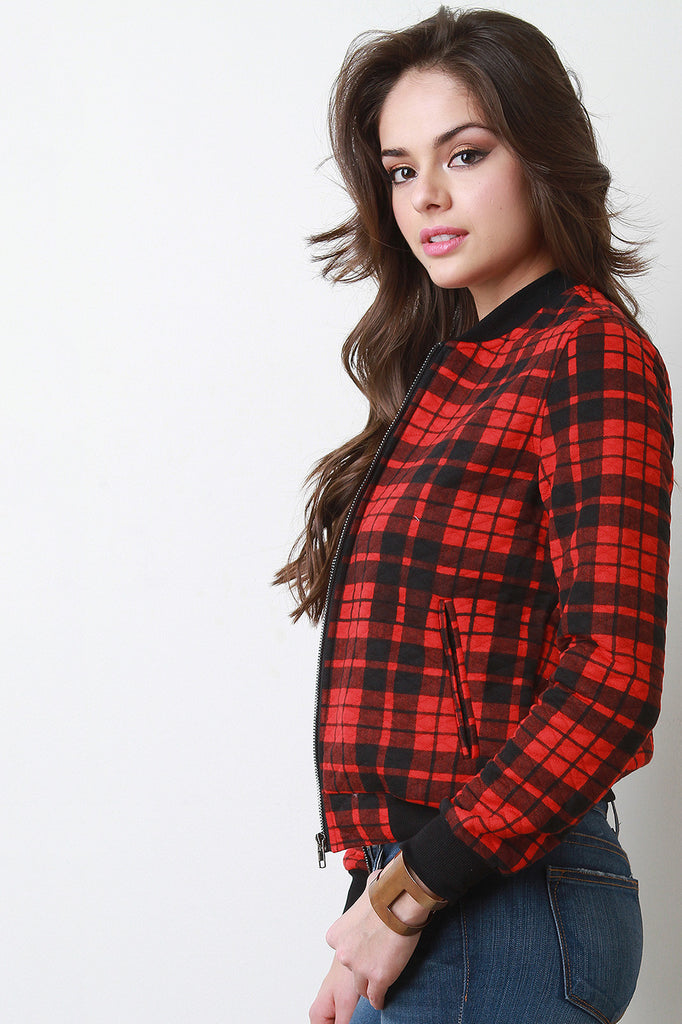 Plaid Zip-Up Bomber Jacket