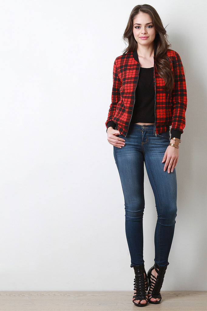 Plaid Zip-Up Bomber Jacket