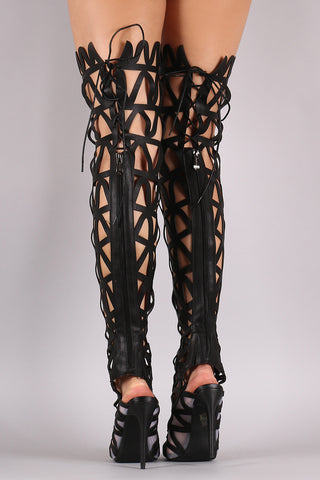 Thigh High Caged Back Lace Gladiator Stiletto Heels