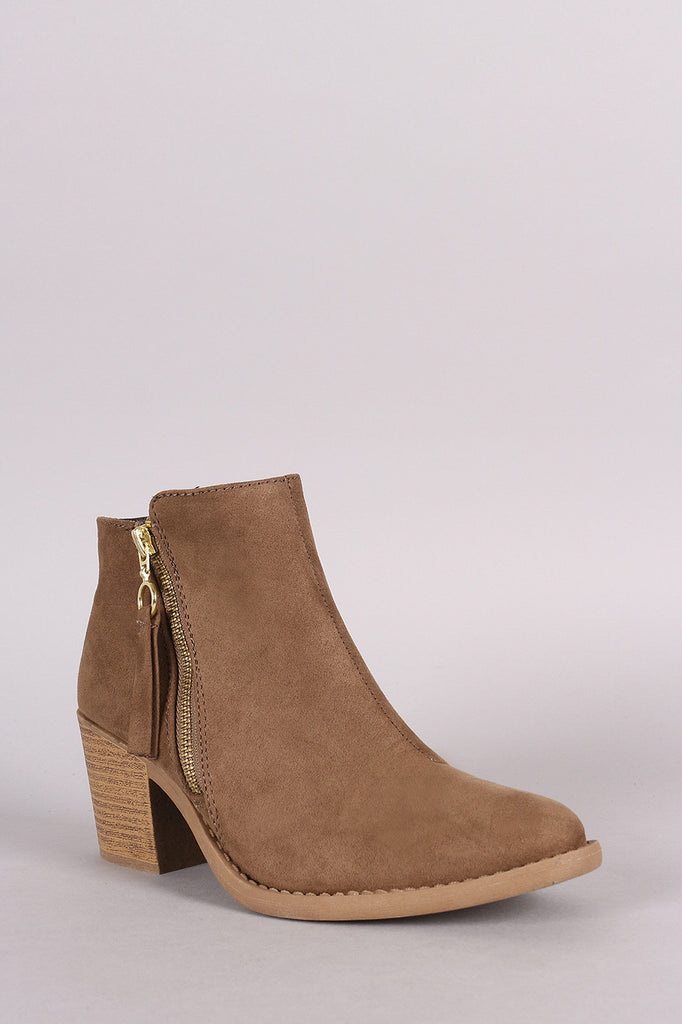 Qupid Suede Side Zipper Stacked Heel Booties