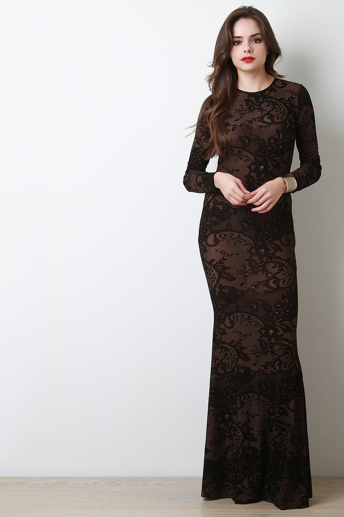 Semi-Sheer Floral Knit Long Sleeve Maxi Dress