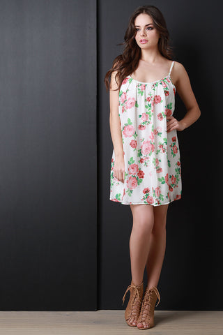 Floral Print Deep Scoop Sleeveless Shift Dress