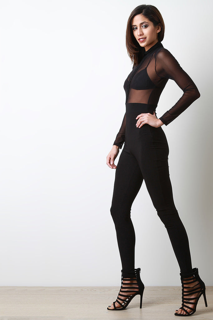 Mock Neck Twofer Mesh Jumpsuit