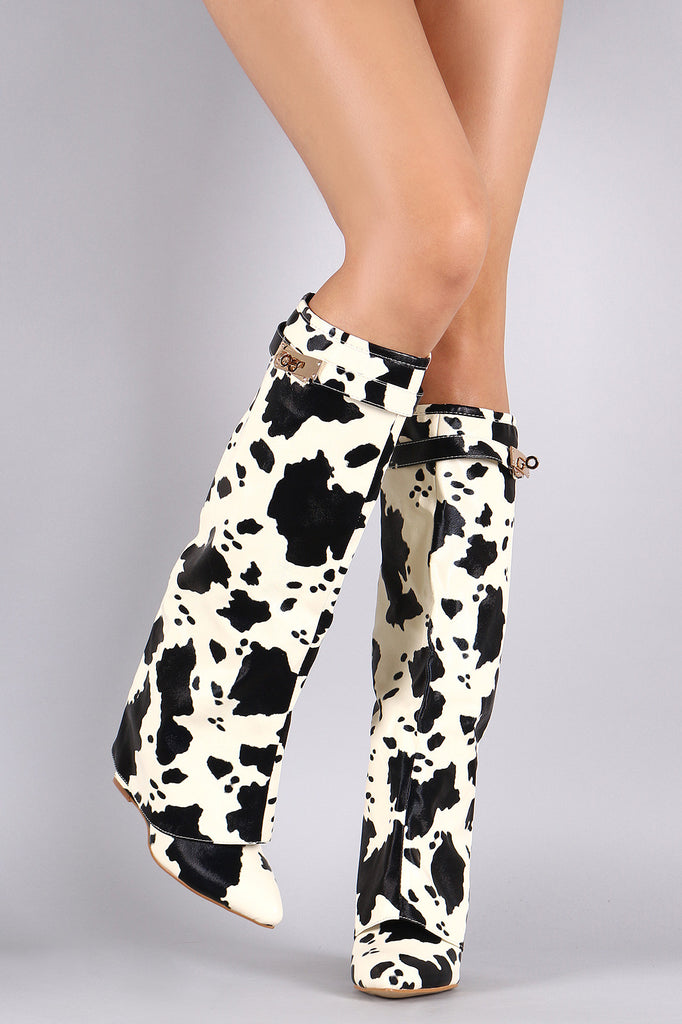 Cow Print Twist-Lock Fold Down Shaft Knee High Boots