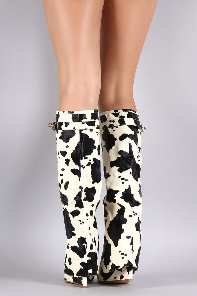 Cow Print Twist-Lock Fold Down Shaft Knee High Boots