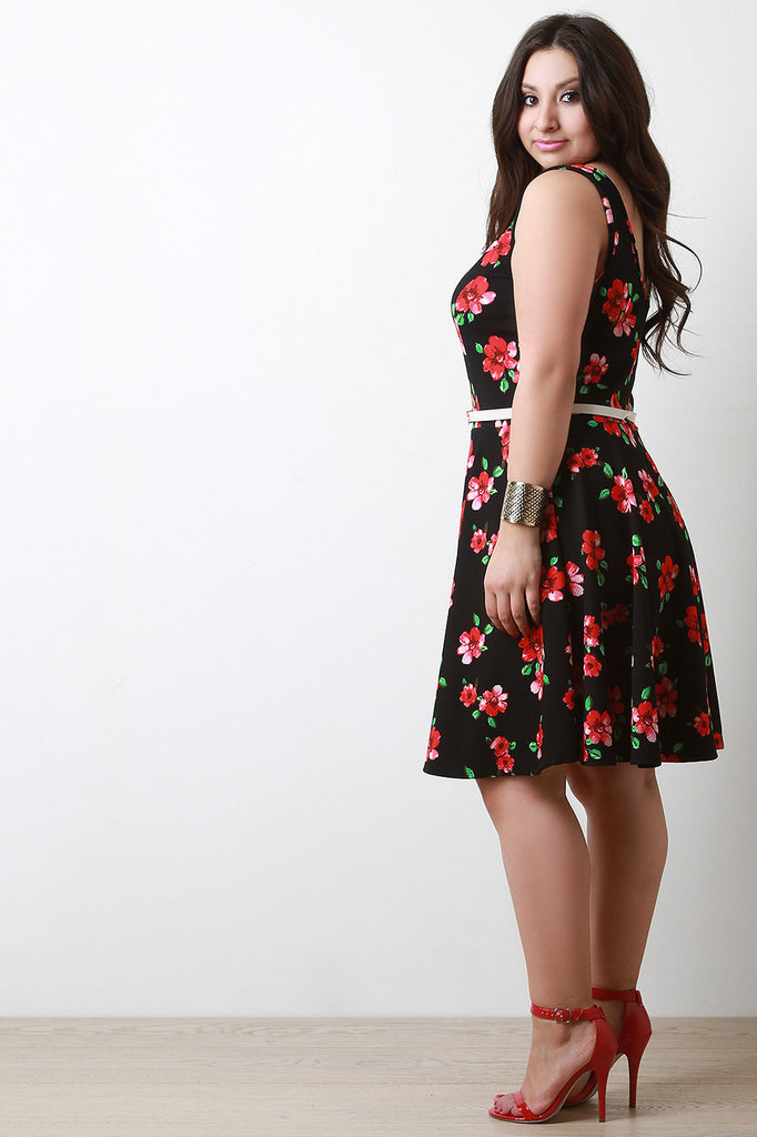 Floral Scoop Neck Sleeveless Belted Fit And Flare Dress