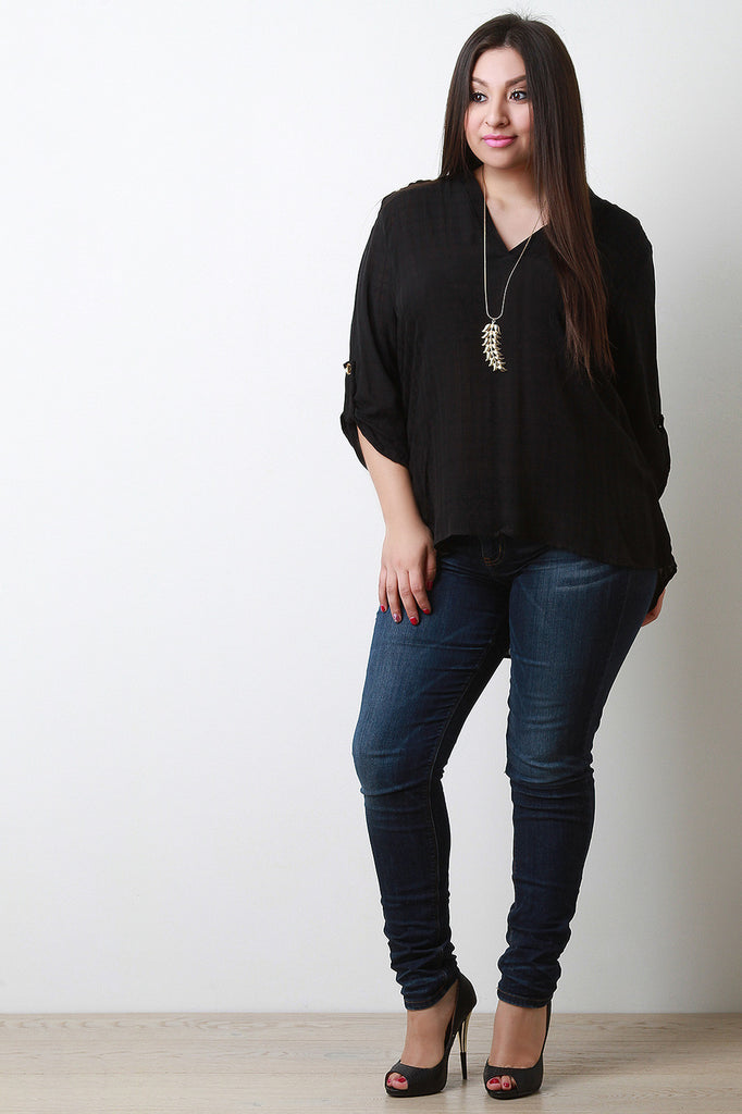 Split V-Neck Long Tab Sleeves Top