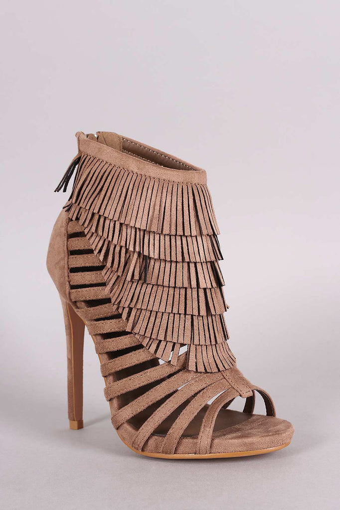 Suede Fringe Strappy Caged Stiletto Heel