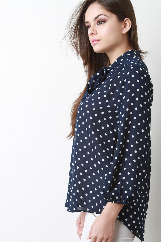 Polka Dot Chiffon Tie Quarter Sleeves Blouse