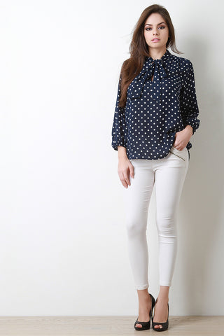 Polka Dot Chiffon Tie Quarter Sleeves Blouse