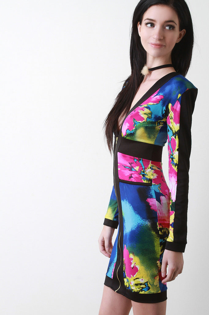 Floral Abstract Print Zipper Front Bodycon Dress