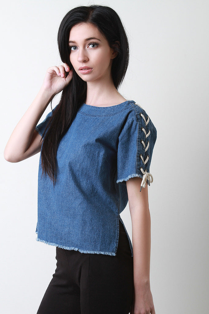 Denim Lace Up Short Sleeve Top