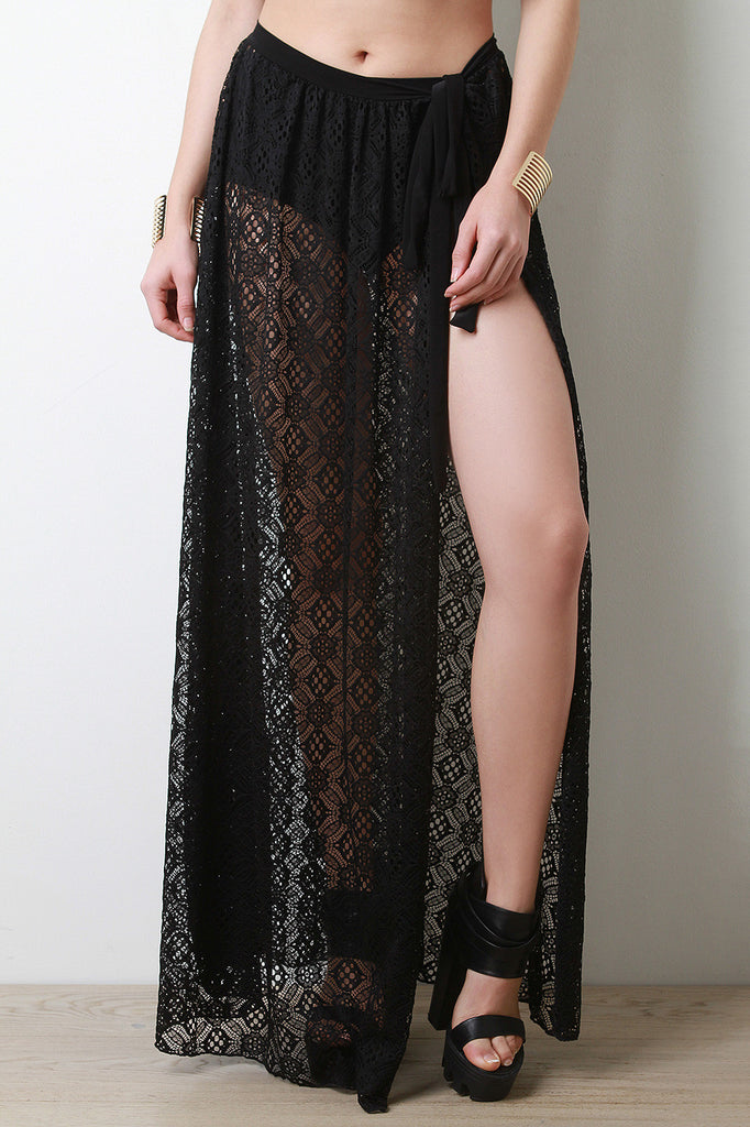 Self Tie Sheer Lace Maxi Skirt