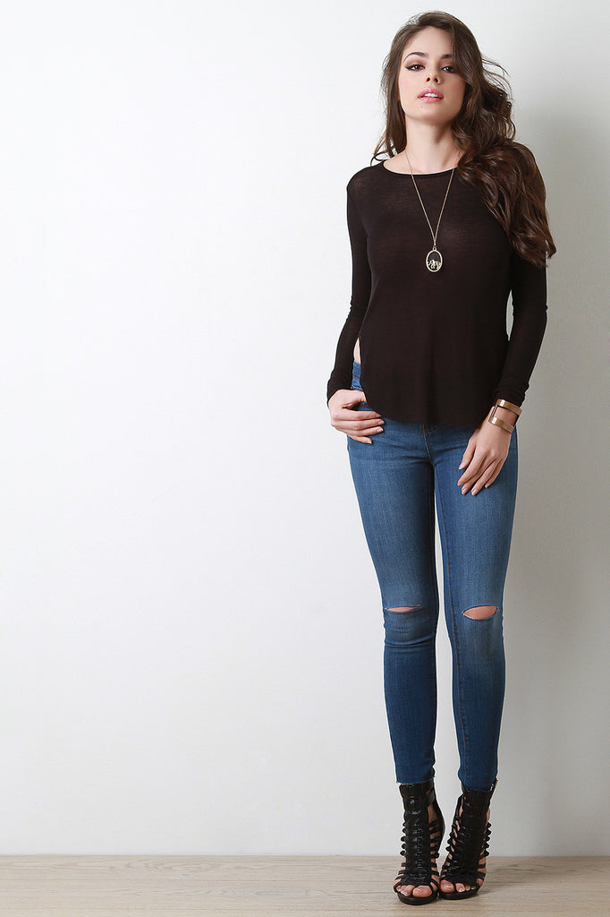 Jersey Knit Side Vent Long Sleeve Top