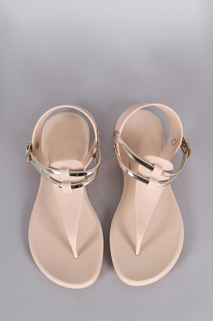 Two Tone Jelly T-Strap Thong Flat Sandal