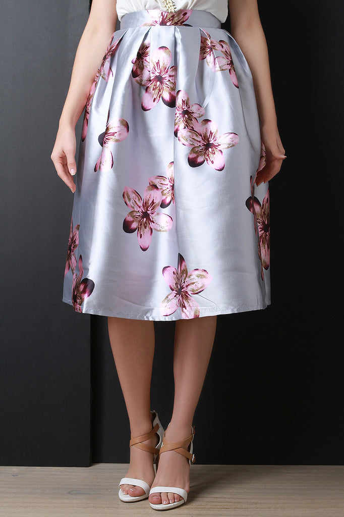 Silvery Floral Box Pleated Skirt