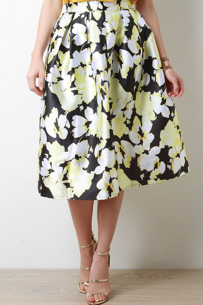 Yellow Floral Box Pleated Skirt