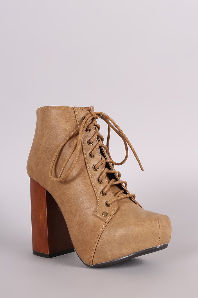 Qupid Lace Up Chunky Heeled Platform Booties