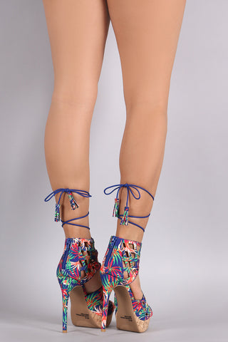 Qupid Tropical Cork Platform Peep Toe Heel