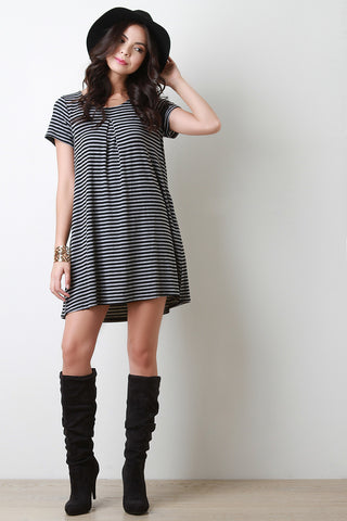 Stripe Short Sleeves Pleat Front Flare Dress