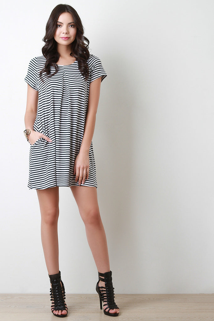 Stripe Short Sleeves Pleat Front Flare Dress