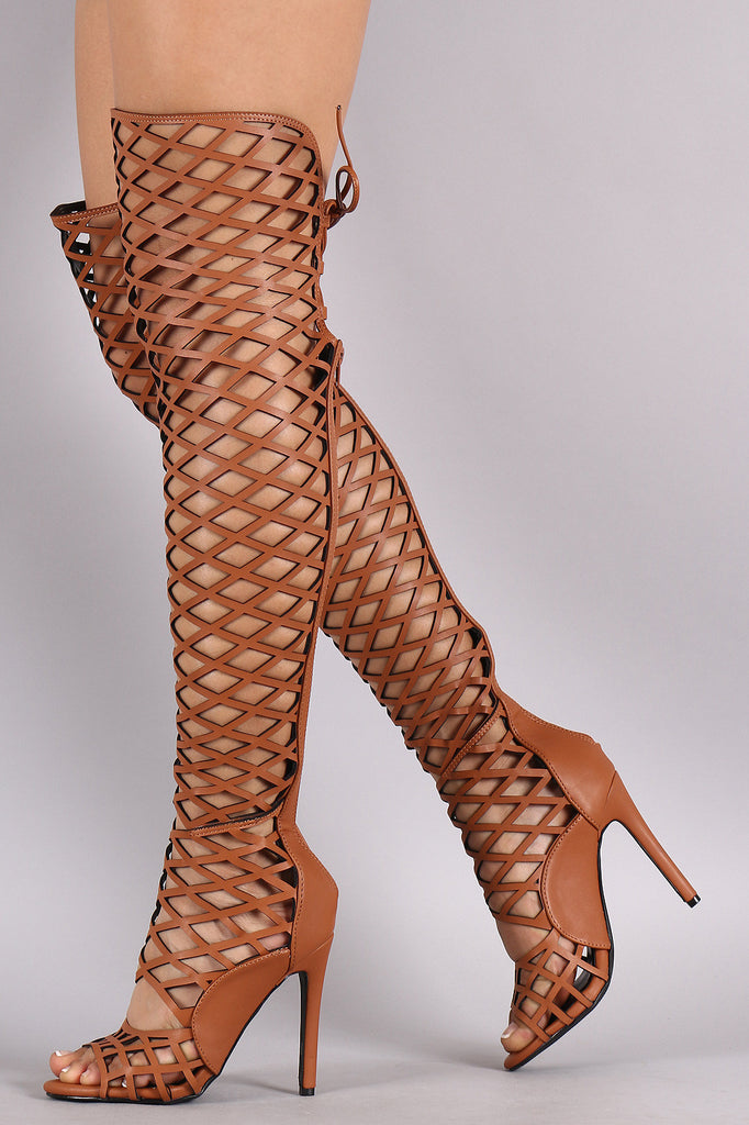 Caged Peep Toe Over The Knee Stiletto Boot