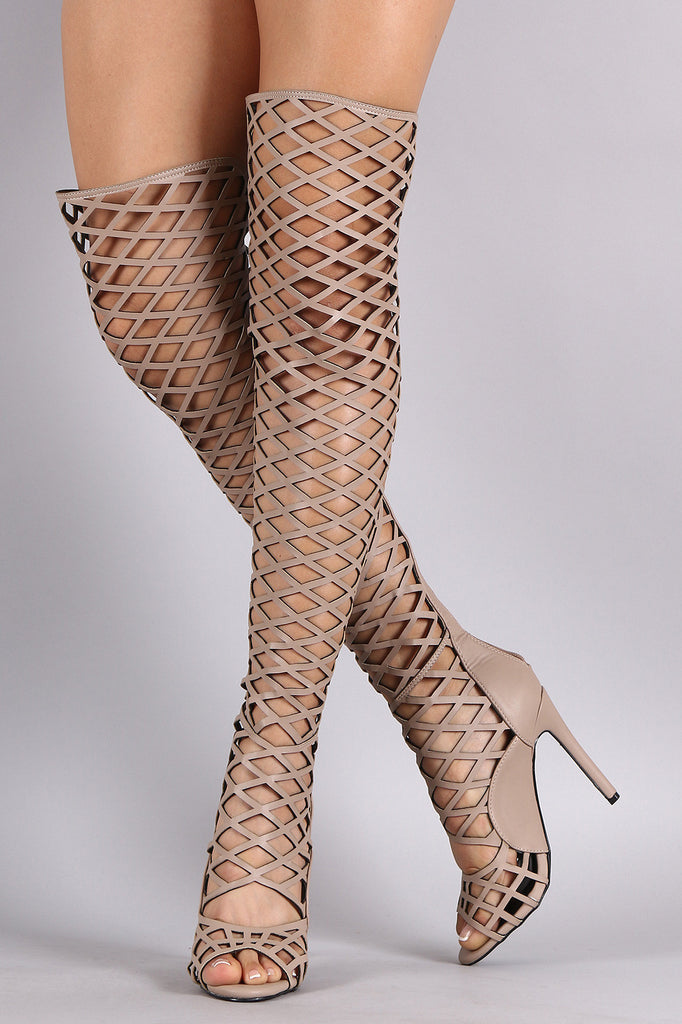 Caged knee high top heels