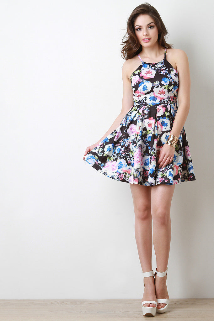 Sleeveless Cutaway Floral Skater Dress