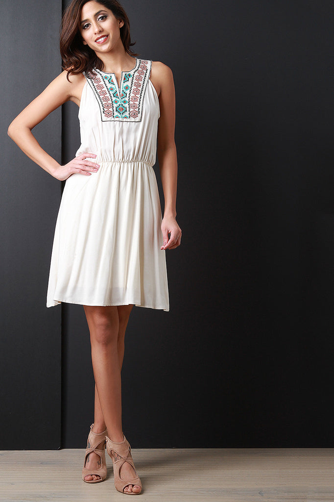 Detailed Embroidery V-Neck Mini Dress