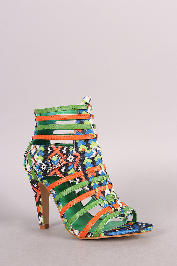 Tribal Print Strappy Buckled Open Toe Heel