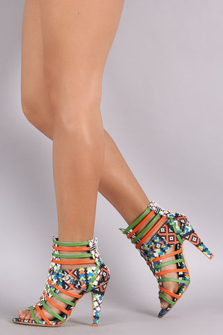 Tribal Print Strappy Buckled Open Toe Heel