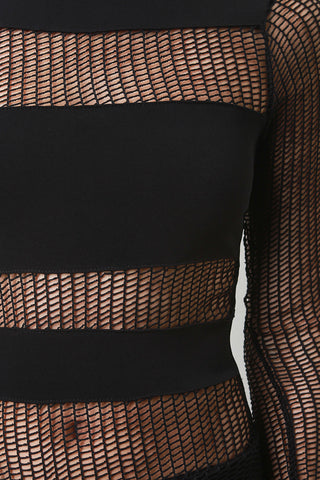 Long Sleeve Fishnet Cutout Design Midi Dress