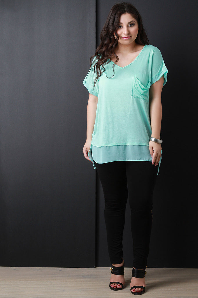 Pocket Short Sleeve Sheer Hem Top